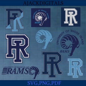 Può includere: Un set di file di taglio digitale con il logo dei Rams dell'Università del Rhode Island. Il logo include una testa di ariete con una 'R' stilizzata e le parole 'University of Rhode Island' e 'Rams'. I file sono disponibili nei formati SVG, PNG e PDF.