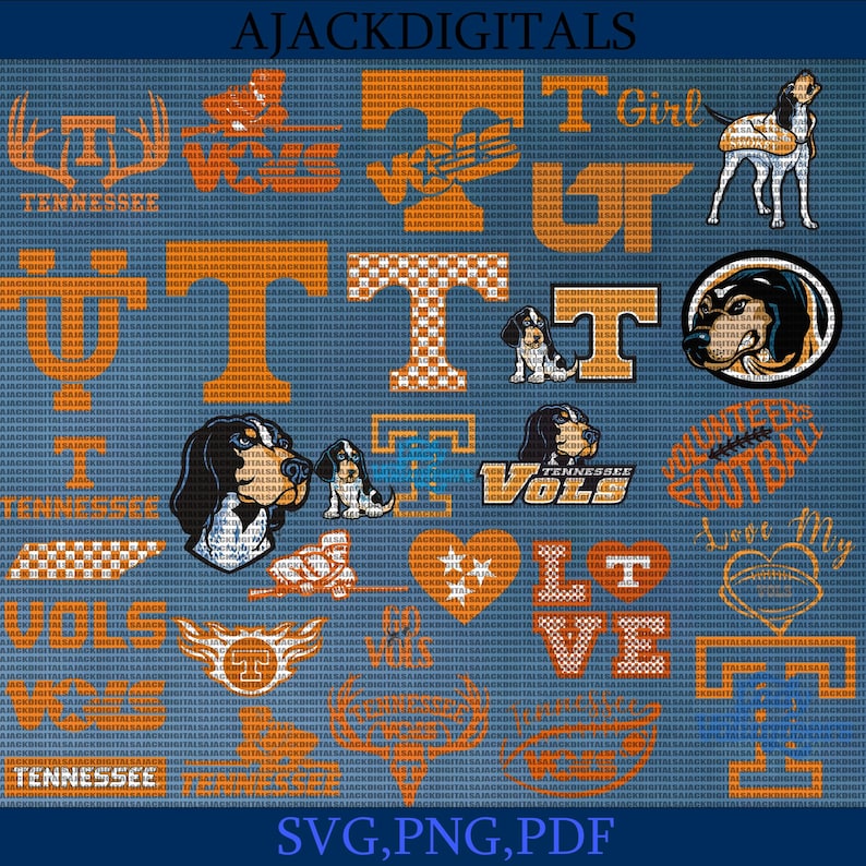 May include: A digital collage of orange and white graphics featuring the University of Tennessee Volunteers logo, including the letters "UT", "VOLS", and a hound dog mascot. The text "AJACKDIGITALS" and "SVG, PNG, PDF" are also included.