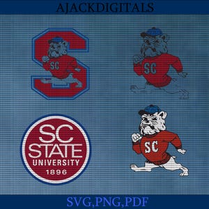Puede incluir: Un logotipo rojo y azul con una mascota bulldog y el texto "SC STATE UNIVERSITY 1896".