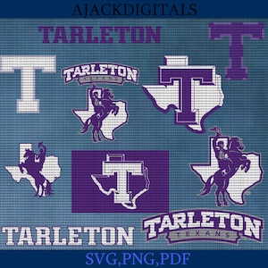 May include: Purple and white Tarleton State University logo with a cowboy riding a horse. The logo includes the words "Tarleton Texans" and a large "T" in the center. The logo is set against a blue background.