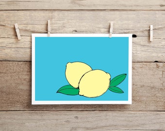 Lemons Digital Postcard, Folding Card, Art Print, Original Hand Drawn Citrus, Meyer Lemons 5x7 Inch