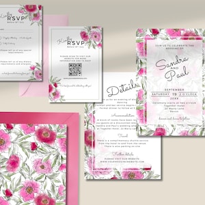 Peony Wedding Invitation Set Editable RSVP Template Pink Watercolour Florals QR Code Option  Spring Summer Invite Instant Download | WP0325