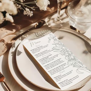 Zielony kwiatowy szablon menu Niestandardowe menu weselne i elegancka dekoracja stołu z ręcznie rysowanymi liniami kwiatowymi na specjalne okazje | SF0325