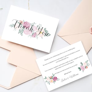 Elegant Watercolour Thank You Card Template Pink Floral Editable Instant Download Customisable Wedding Gratitude Card | WF0225