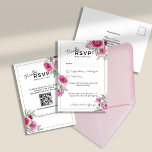 Editable Wedding RSVP Template Bold Pink Watercolour Peony Floral Design Traditional and QR Code Option Instant Download Printable | WP0325