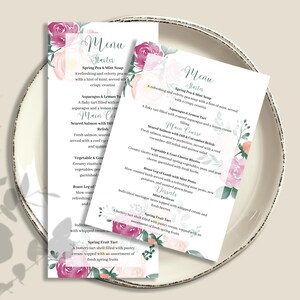 Plantilla de menú floral en acuarela editable de Canva, con fuente cursiva botánica, rosa, verde melocotón, ideal para bodas y eventos de primavera y verano, para novias. WF0225