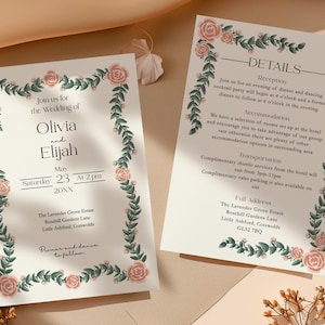 Floral Wedding Invitation and Details Template Sage Green & Antique Rose Hand Drawn Roses Printable Stationary Instant Download | GR0525