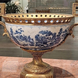 Porcelain Blue Willow Village Planter,Centerpiece with Bronze Ormolu