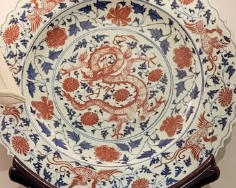 Vintage Blue and White Porcelain Dragon Platter with Iron Red Enamel-33”H