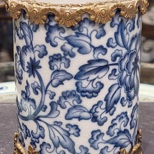 Chinoiserie Porcelain Petite Round Planter with Bronze Ormolu