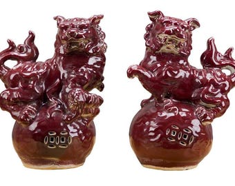 Porcelain Red Pair of Foo Dogs-16.5” H