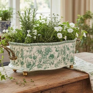 May include: A rectangular planter filled with greenery and white flowers. The planter has a cream background with a green floral pattern and gold-colored handles and feet. The planter is on a wooden table.