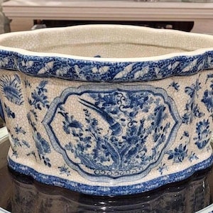Porcelain Chinoiserie Birds and Floral Planter- Cachepot with Wood Stand