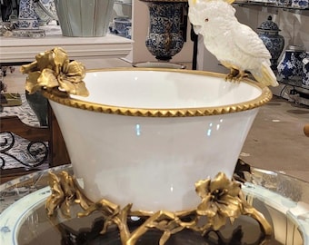 Blanc De Chine White Porcelain Planter with Bronze Ormolu~Cockatoo Figurine