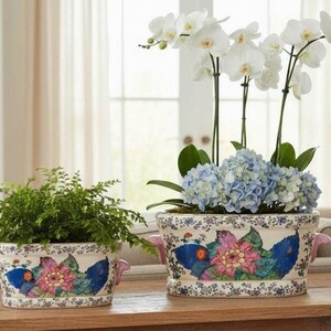 tobacco leaf cachepot Small 8.5 Diameter x 6.5H Round Tobacco Leaf Design Cachepot