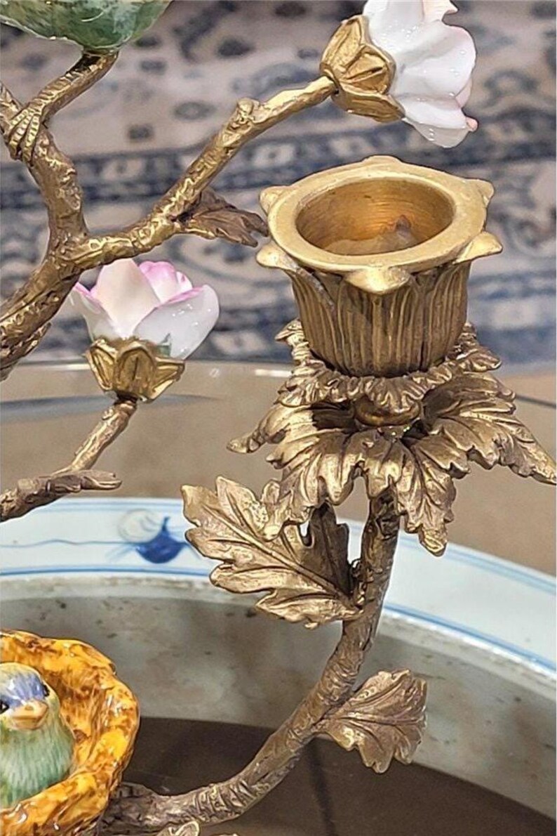 Porcelain Birds and Nest Candlestick Candle Holder with Bronze Ormolu image 4