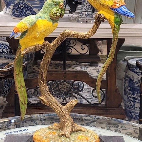 Porcelain Double Parrots Figurine with Bronze Ormolu