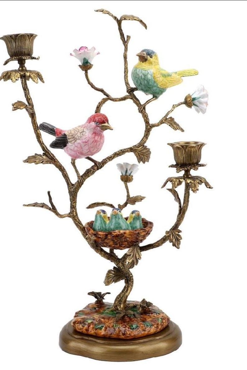 Porcelain Birds and Nest Candlestick Candle Holder with Bronze Ormolu image 1