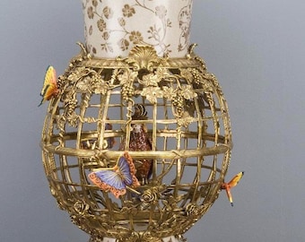Porcelain and Bronze Ormolu  Birdcage with Parrot Sculpture Centerpiece Vase
