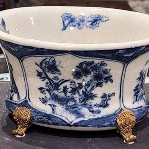 Chinoiserie Blue and White Floral Planter with Bronze Feet