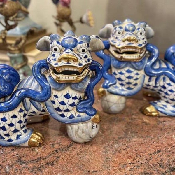 Porcelain Azure Large Pair of Lucky Foo Dogs Figurines