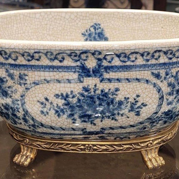 Chinoiserie Blue Bouquet Oval Planter with Bronze Ormolu