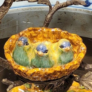 Porcelain Birds and Nest Candlestick Candle Holder with Bronze Ormolu image 7