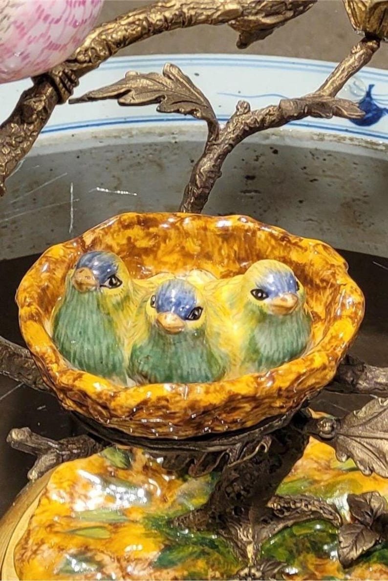 Porcelain Birds and Nest Candlestick Candle Holder with Bronze Ormolu image 7