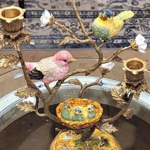 Porcelain Birds and Nest Candlestick Candle Holder with Bronze Ormolu image 3