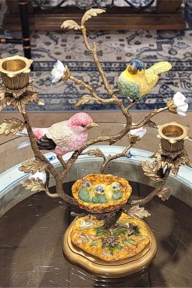 Porcelain Birds and Nest Candlestick Candle Holder with Bronze Ormolu image 3