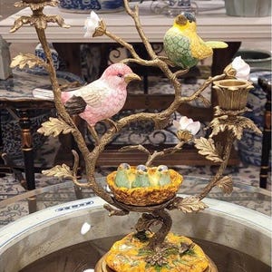 Porcelain Birds and Nest Candlestick Candle Holder with Bronze Ormolu image 2