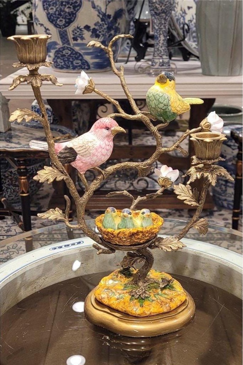 Porcelain Birds and Nest Candlestick Candle Holder with Bronze Ormolu image 2