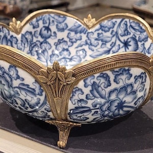 Chinoiserie Blue and White Small Bowl,Planter with Bronze Ormolu