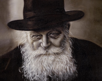 Lubavitcher Rebbe Canvas Print | Chabad Spiritual Leader Painting | Black & White Oil Judaica Art | Tzadik Home Blessing