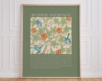May include: Framed art print with the words "Blessed Assurance" at the top. The artwork features a floral and bird design in shades of green, orange, and blue. The print is in a wooden frame and is displayed on a wall.