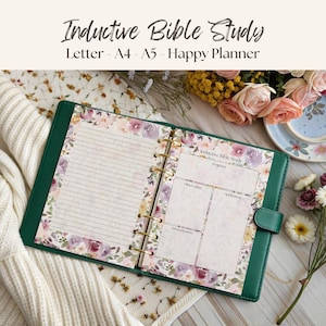 May include: Open green leather planner with gold rings and a floral design. The planner is open to reveal lined pages and a section for scripture study. Text at the top reads "Inductive Bible Study Letter - A4 - A5 - Happy Planner."