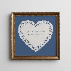 1 Corinthians 16:14 Christian Wall Art, Blue Heart Embroidery Print (Digital Download