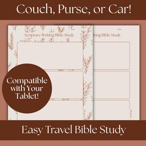 May include: A beige Bible study notebook with brown floral accents and the text "Scripture Writing Bible Study." A brown circle with the text "Compatible with Your Tablet!" is overlaid on the notebook. The text "Easy Travel Bible Study" is at the bottom.