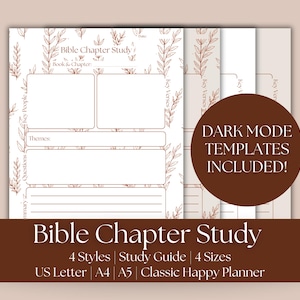 May include: A set of Bible study templates with a neutral color palette. The design includes space for notes, key verses, and themes. The text "Bible Chapter Study" is prominently displayed, along with "Dark Mode Templates Included!"