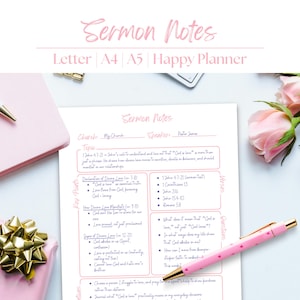 May include: A flat lay featuring a pink notebook, a wrapped gift with a gold bow, a pen, and a sheet of paper with the words "Sermon Notes" and other text. Pink roses are in the background. The paper is labeled "Letter, A4, A5, Happy Planner."