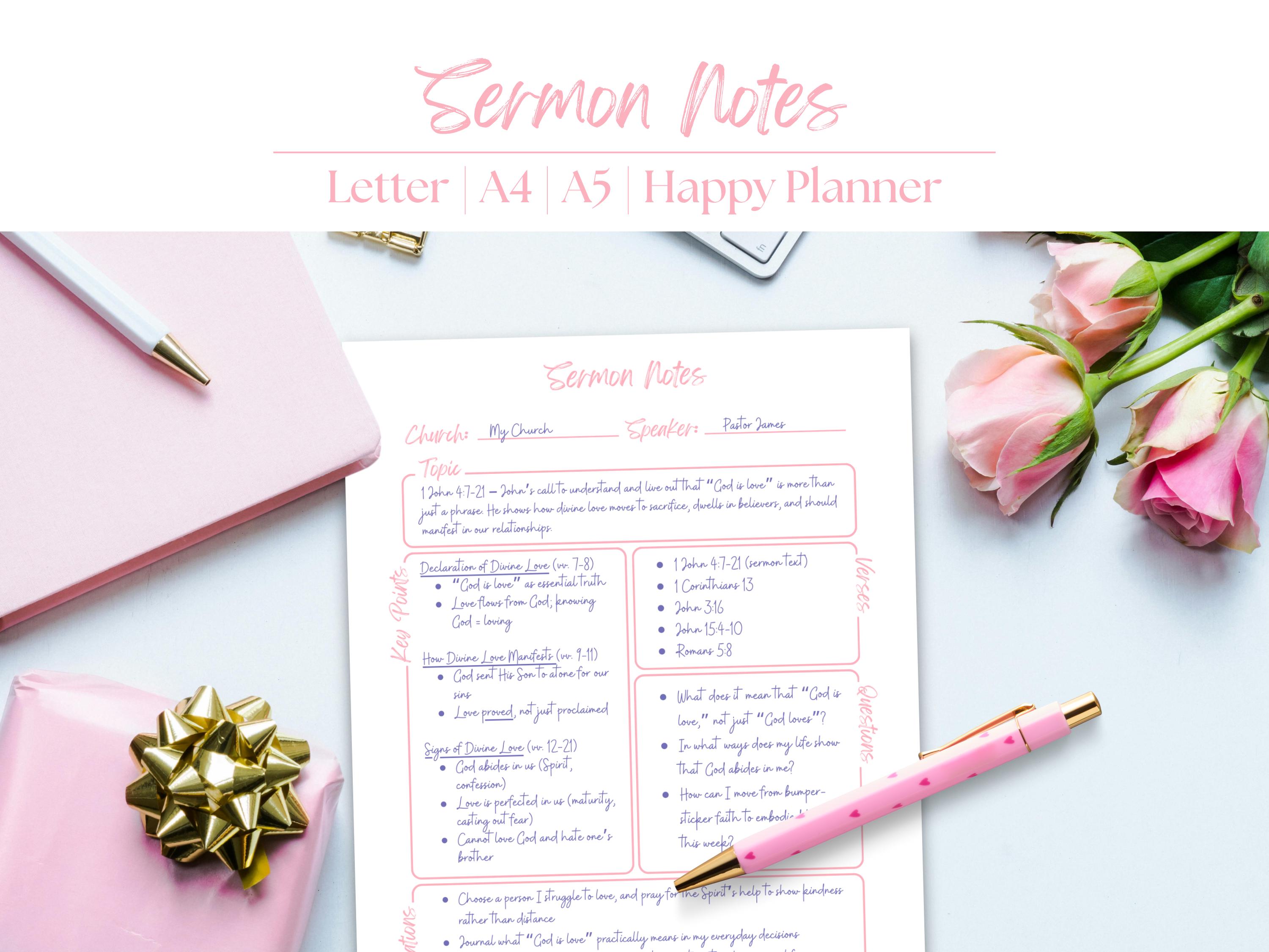 Sermon Notes Worksheets Digital Download Pink Bible Study Templates ...