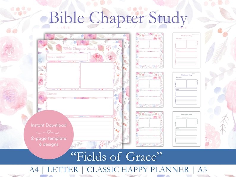 K&ouml;nnte beinhalten: Digitaler Download mit Vorlagen f&uuml;r Bibelkapitelstudien. Das Design umfasst florale Aquarellelemente in Rosa und Blau. Der Text enth&auml;lt "Bible Chapter Study", "Fields of Grace" und Gr&ouml;&szlig;enoptionen f&uuml;r A4, Letter, Classic Happy Planner und A5.