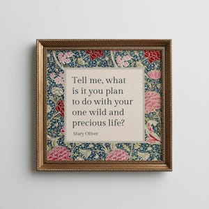 Könnte beinhalten: Ein quadratisches gerahmtes Wandbild mit einem beigen Mittelfeld und dem schwarzen Text: Tell me, what is it you plan to do with your one wild and precious life? Mary Oliver. Der Rand zeigt ein dunkelblaues Blumenmuster mit roten und rosafarbenen Blüten.