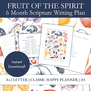 May include: A digital download featuring a 6-month scripture writing plan. The design includes illustrations of various fruits and the text "Fruit of the Spirit." The layout includes pages for writing and a list of scriptures. The text "Instant Download!" is also visible.