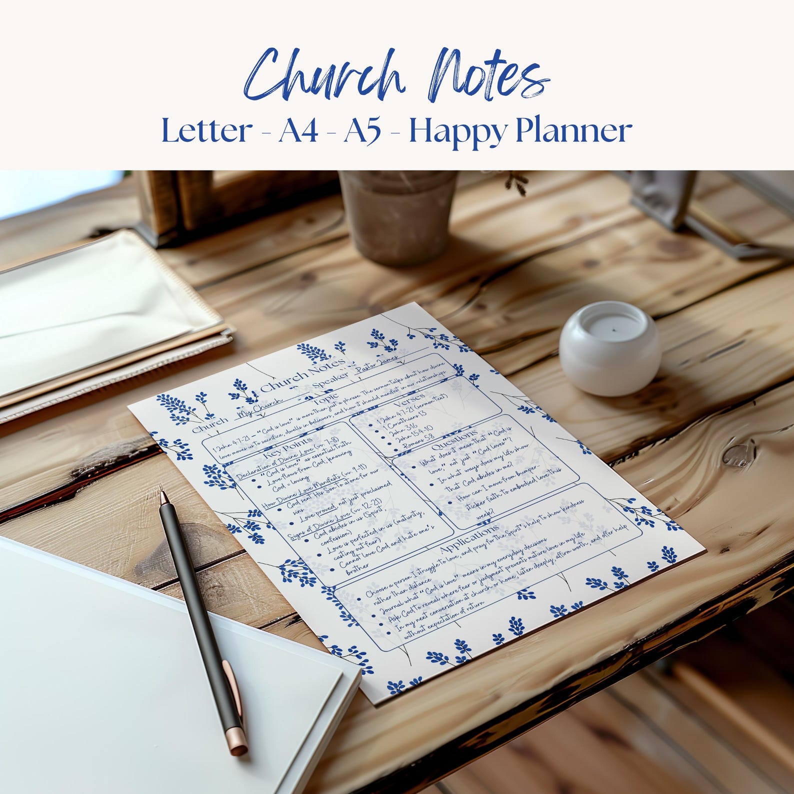 Church Notes Template Digital Download French Chinoiserie Blue Floral ...