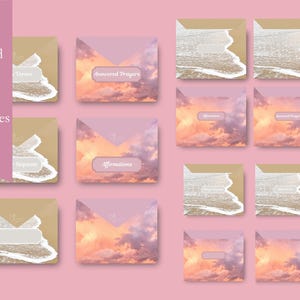 Blank and labeled envelopes with 2 coastal beach and sunset designs, available in three different sizes (large and rounded envelopes; medium and small square envelopes) designed to hold prayer request cards, affirmations, answered prayer/praise report cards, and Bible verse cards. The labeled envelopes have the words 'Prayer Requests', 'Answered Prayers', 'Affirmations', 'Bible Verses' printed on them. The envelopes can be attached to the prayer board and come in easy-to-assemble templates.