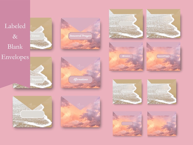 Blank and labeled envelopes with 2 coastal beach and sunset designs, available in three different sizes (large and rounded envelopes; medium and small square envelopes) designed to hold prayer request cards, affirmations, answered prayer/praise report cards, and Bible verse cards. The labeled envelopes have the words 'Prayer Requests', 'Answered Prayers', 'Affirmations', 'Bible Verses' printed on them. The envelopes can be attached to the prayer board and come in easy-to-assemble templates.