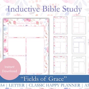 May include: A digital download featuring a floral-themed Inductive Bible Study template. The design includes a main page with multiple sections and several smaller templates. The text includes "Inductive Bible Study", "Fields of Grace", and "Instant Download".