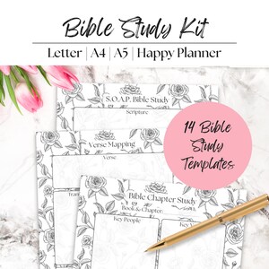 May include: A Bible Study Kit with templates for Letter, A4, A5, and Happy Planner sizes. The kit includes 14 templates with floral rose designs. A gold pen rests on the templates, and pink tulips are in the background.