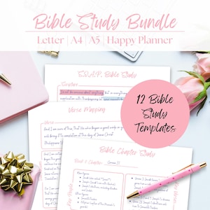 May include: A collection of Bible study templates, including Letter, A4, A5, and Happy Planner formats. The image features pink stationery, a gold bow, and a pink pen. The text "Bible Study Bundle" and "12 Bible Study Templates" are visible.